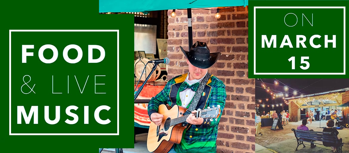 St. Patrick’s Day event banner featuring a musician in a green plaid suit and cowboy hat playing guitar, with text announcing 'Food & Live Music on March 15' and a background showing an outdoor venue with string lights and people gathered.